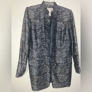 Liz Claiborne Collection Grey Floral Boho Silk Linen Longline Blazer Pockets
